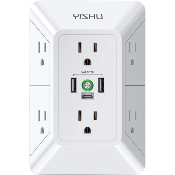 Multi Plug Outlet Surge Protector - YISHU 3 Sided Power Strip with 6 AC Outlet - Picture 1 of 8